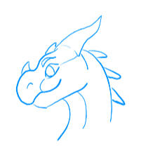 blue outlined clean lined sketch of a very rounded dragon