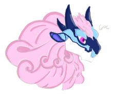 colored mostly lineless headshot of a blue, white and pink obelisk from flight rising